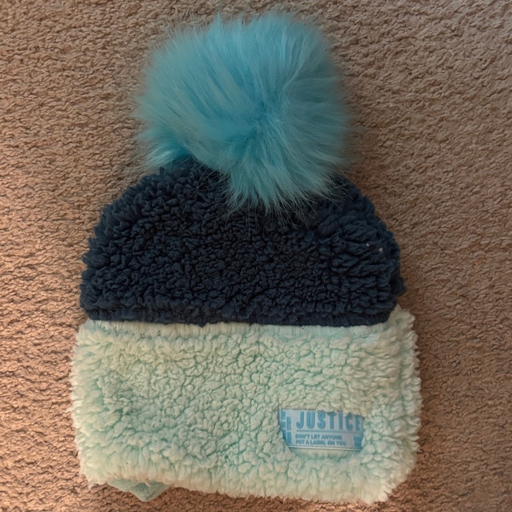Justice Fluffy Blue and Aqua Kids Beanie